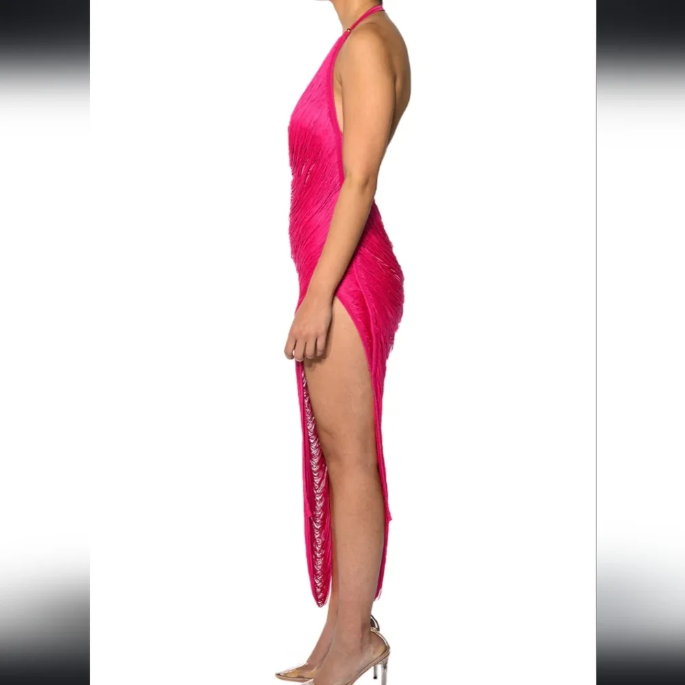 Callie Pink Summer: Fuchsia Layered & Draped Fringe Cowl & Split Maxi Dress - Picture 5 of 7